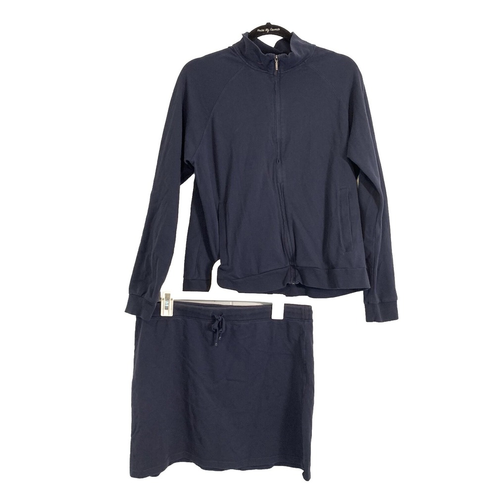LL Bean Womens Large Jacket & Skirt Set Tennis Golf Navy Blue Full Zip Cotton